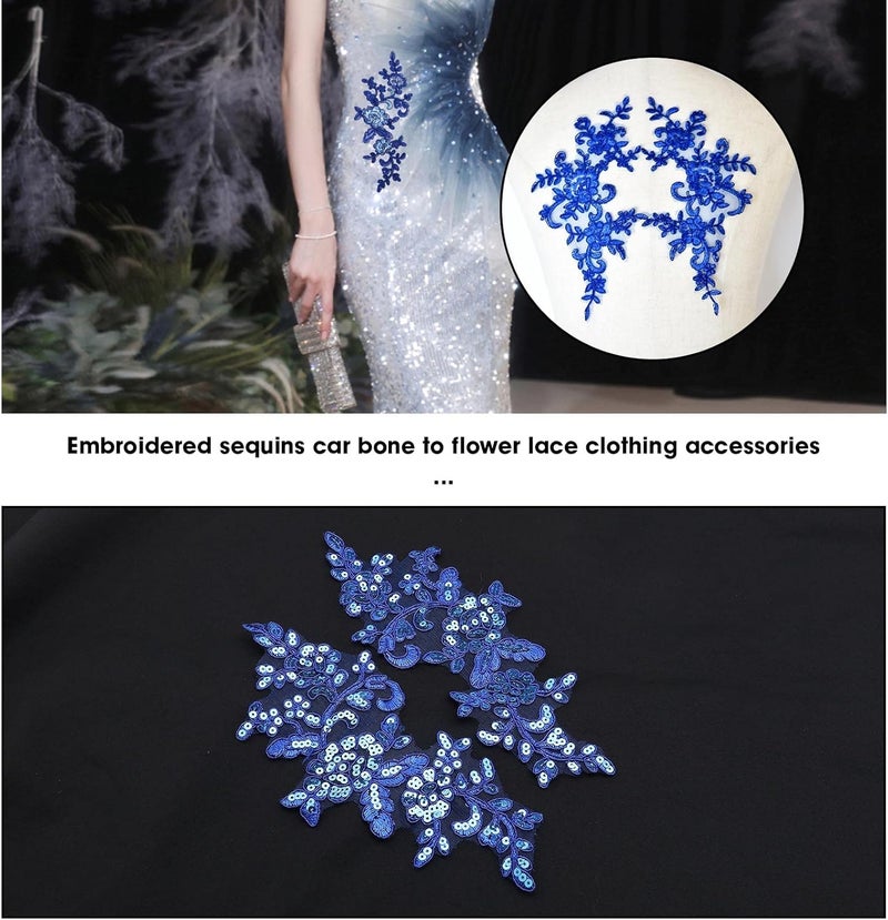 Micro Traders 2 Pairs Embroidery Sequin Lace Appliques Mirror Pair Sew On Flower Fabric Collar Patch for Motif Wedding Gown Dress Bridal Dress DIY Crafts Royal Blue, 23.5x10cm - Image 2